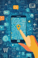 Poster - Illustration of social media icons around a smartphone showing location mapping for online interaction and connectivity