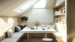 © Adnan saheem - Bright Scandinavian breakfast area with a built-in bench, a simple white table, and natural light flooding through skylights