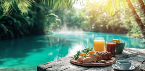 Our tropical breakfast paradise features fresh fruit, eggs, coffee, and orange juice overlooking a tropical lagoon.