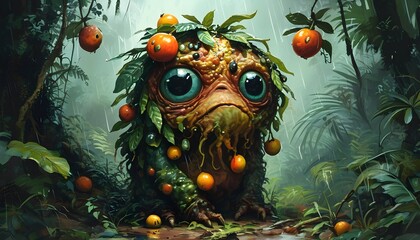 Mysterious rainforest creature adorned with fruits and leaves, featuring oversized eyes, illustrated for a captivating book cover