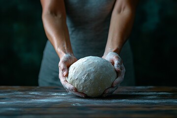 This is a scene of homemade pasta being made. A woman kneads dough for pasta on a wooden board in a rural kitchen. A woman's hands are making fresh pasta dough. A food and cooking concept is