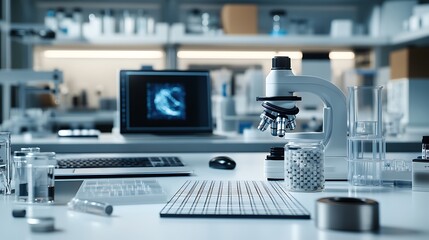 Wall Mural - Modern laboratory workplace with microscope and computer. Science and research equipment on table.