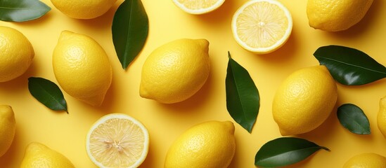 Wall Mural - Fresh Lemons and Leaves on Yellow Background