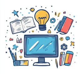 Poster - Creative illustration of an online web design course with computer monitor, lightbulb, books, and design tools