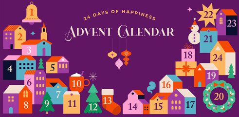  Merry Christmas, Advent Calendar. Concept design with Christmas village, decorations, gifts and homes. Vector illustration