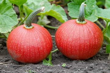 vegetable garden closeup of two orange biological pumpkins