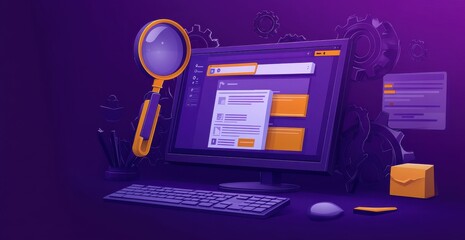 Poster - Illustration of an online search engine interface with digital elements and magnifying glass for internet browsing and technology concepts