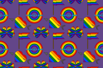 Wall Mural - A collection of LGBT-themed vector icons, including rainbow hearts, flags, bows, and circles with the phrase Love is Love. Symbols of pride and diversity.