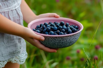 The image shows a close-up view of black, juicy fresh currant berries in the hand of an unidentified girl wearing a summer dress outside. Close-up view of healthy food in a pink bowl in a countryside