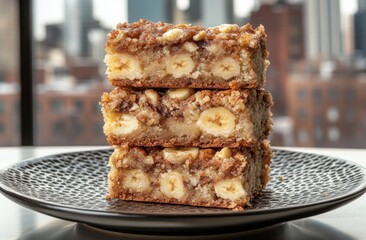 Yummy banana cake slices on a black ceramic plate with a city view. The focus is selective.