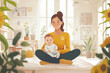© Neon_Drop - A woman is holding her baby son in one arm while sitting on his lap in the sunny room. Vector style.
