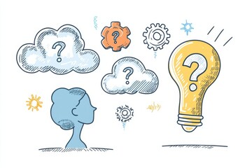 Poster - illustration of a person contemplating ideas with thought bubbles and a light bulb symbolizing creat