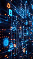 Aufkleber - Digital network illustration featuring various technology icons, including devices and data elements, connected in a glowing blue matrix design on a dark background.