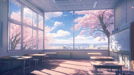 Wall Mural - Anime style classroom with large window overlooking cherry blossom trees and city. Dreamy, nostalgic, and tranquil setting