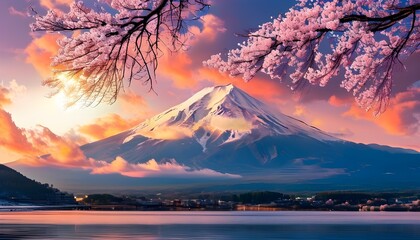 Breathtaking sunset landscape of Mount Fuji adorned with cherry blossoms, snow-capped peaks, lush trees, and dramatic clouds