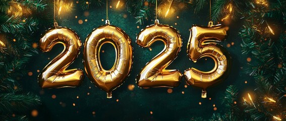 Wall Mural - HAPPY NEW YEAR 2025 - Festive winter party celebration, new year's eve concept greeting card with golden year number date balloons hanging from a Christmas tree.