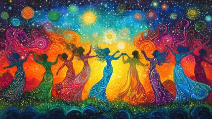 Poster - A Cosmic Dance of Women Silhouetted Against a Starry Night Sky