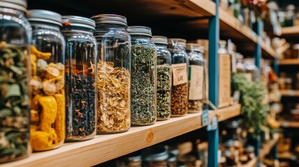 There are glass jars on shelves containing organic foods