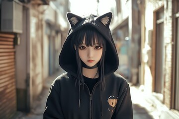 Canvas Print - Anime girl with cat ears and hoodie standing in an alleyway