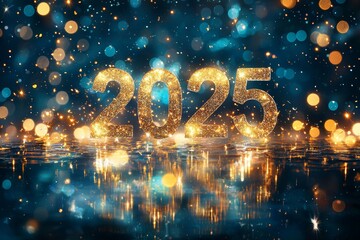 Wall Mural - A fireworks display against a night sky of sparkling golden numbers will celebrate the New Year of 2025