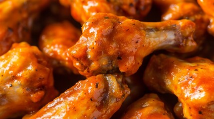 The photo shows a partial close-up of delicious and appetizing baked chicken wings and legs on plates Unhealthy eating and fast food Fried cooked highcalorie snack for leisure Red background Studio