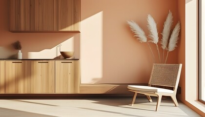 Wall Mural - Serene Minimalist Interior Bathed in Warm Sunlight with Wooden Cabinet, Modern Chair, and Pampas Grass Vase Against a Peach-Hued Wall