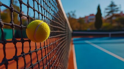 An energy-filled close-up shot of a yellow tennis ball suspended in a net against a blue background. This close-up captures the game's energy.