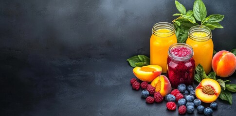 A vibrant display of fruit preserves sits on a dark surface. Tons of color fill the jars. Typical flavors include berries, peaches, and citrus.