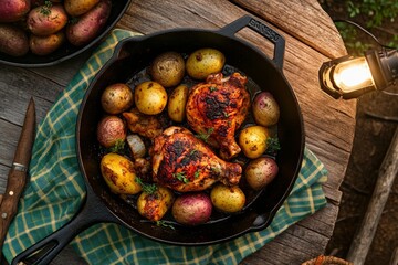 Dinner prepared in a cast iron skillet with pasta and chicken