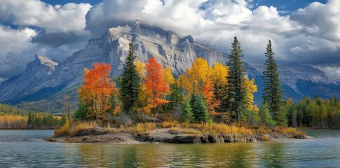 Nature lovers and landscape photographers will love this island surrounded by vibrant trees in bright autumn colors. The calm lake reflects the stunning scenery.