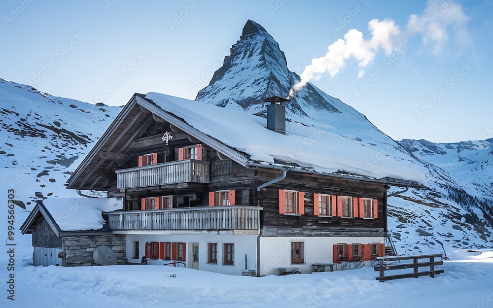 A traditional Swiss chalet with a snow-covered roof and red shutters ...