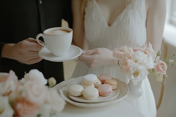 A closeup of two people drinking coffee at the cafe in the morning.