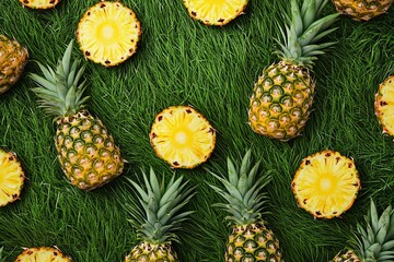 A concept of Diet, Beauty, Health, Hydration. Raw Organic Food. Fresh Ripe Pineapples Near Pure Swimming Pool Water. Juicy Fruit. Vegetarian, Vegan Nutrition and Lifestyle Concept. Diet, Beauty,