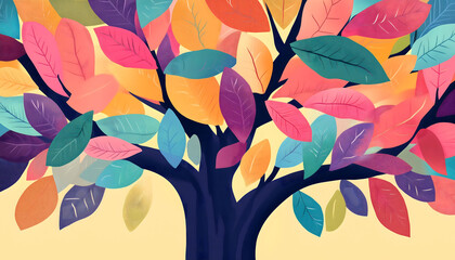 Wall Mural - An illustration of a macro view of a tree with multicolored leaves