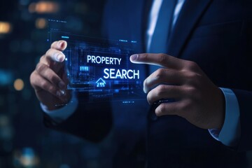Wall Mural - a businessman touches a digital screen, exploring a real estate search concept the text 