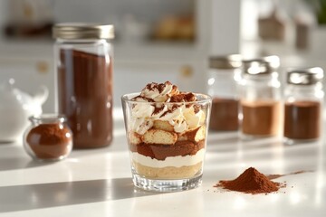 Tiramisu in glasses with savoyardi cookies, mascarpone, cream liqueur, and cocoa. Cocoa powder falls onto the dessert. Close-up.