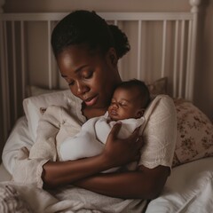 A beautiful Black woman cradling her child on the bed, sharing a tender moment