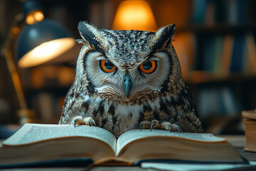 Poster - an owl studying at a desk, surrounded by books and a lamp, representing academic pursuits. concept o