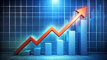 Red arrow is going up over a bar chart, showing economic growth in a modern city