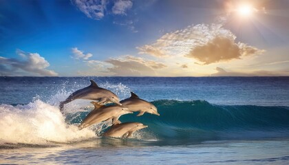 Wall Mural - Playful dolphins jumping over breaking waves. Hawaii Pacific Ocean wildlife scenery. Marine 