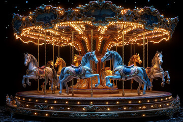 Poster - A whimsical carousel with different business tools as horses, symbolizing the variety of tasks in corporate life. Concept of work variety.