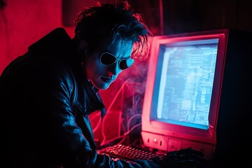 Sticker - Cyberpunk Hacker Working on Computer with Neon Lights