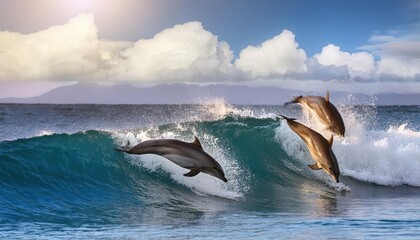 Wall Mural - Playful dolphins jumping over breaking waves. Hawaii Pacific Ocean wildlife scenery. Marine 