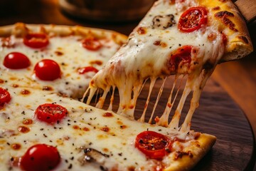 Slice of fresh pizza pulled with cheese, based on generative AI