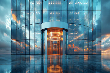 Poster - A skyscraper with a revolving door that leads to different business sectors, symbolizing career changes and job transitions. Concept of career flexibility.