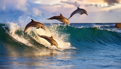 Playful dolphins jumping over breaking waves. Hawaii Pacific Ocean wildlife scenery. Marine 