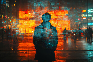 Poster - a person standing in front of a mirror, but the reflection is pixelated and distorted, showing how t