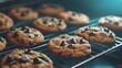 © Halina Berah - Cooling chocolate chip cookies on a wire rack, side view, homemade goodness, digital binary as object, pastel-colored cookies