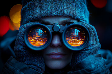 Poster - A person looking through binoculars, but instead of seeing far, they see only what's directly in front of them, highlighting narrow-mindedness.