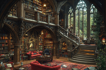 Poster - a library styled as a castle's library, with towering bookshelves, a rolling ladder, and a cozy read